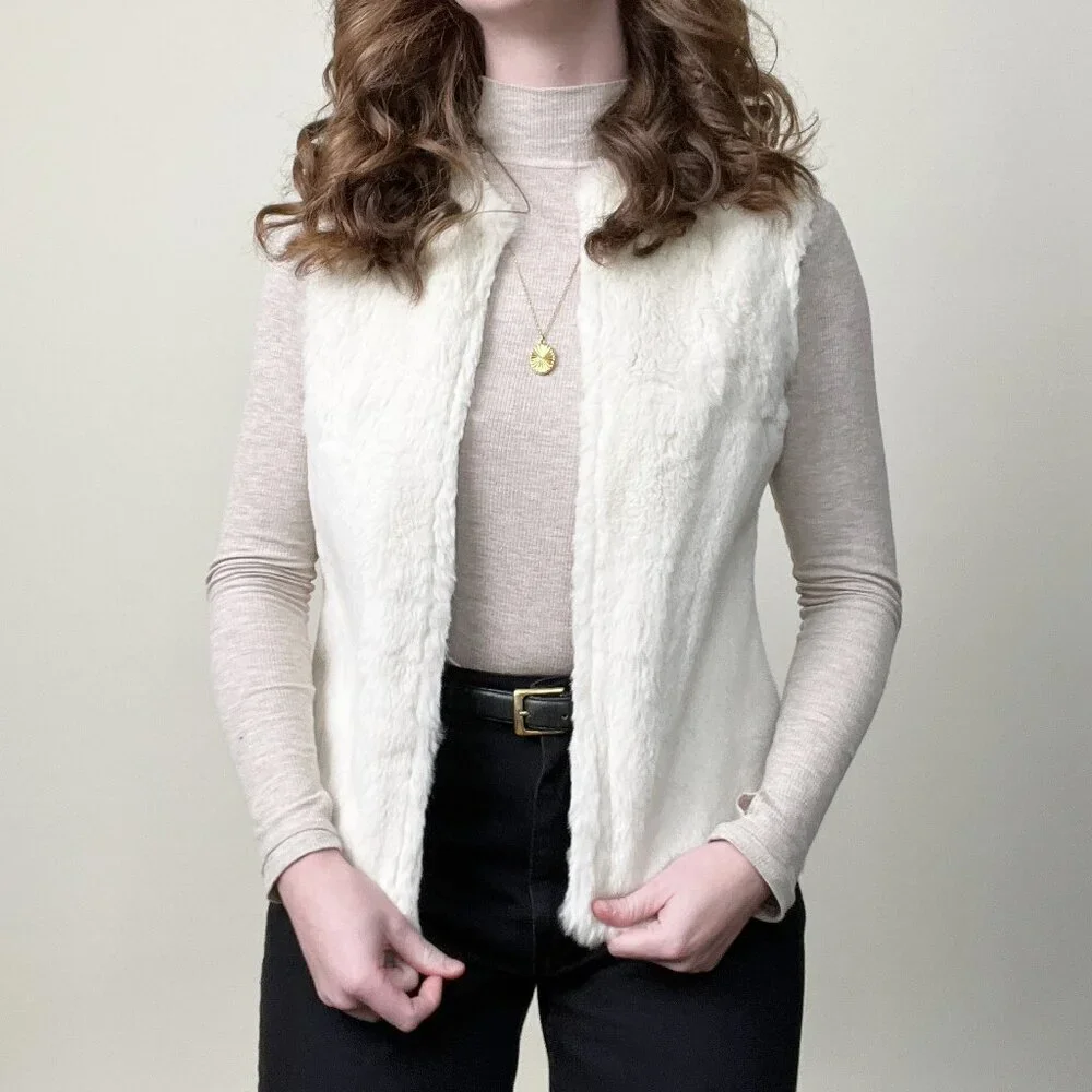 Vintage White Fur Vest Light Jacket Coat Old Money Quiet Luxury Elevated Basic - Picture 4 of 6